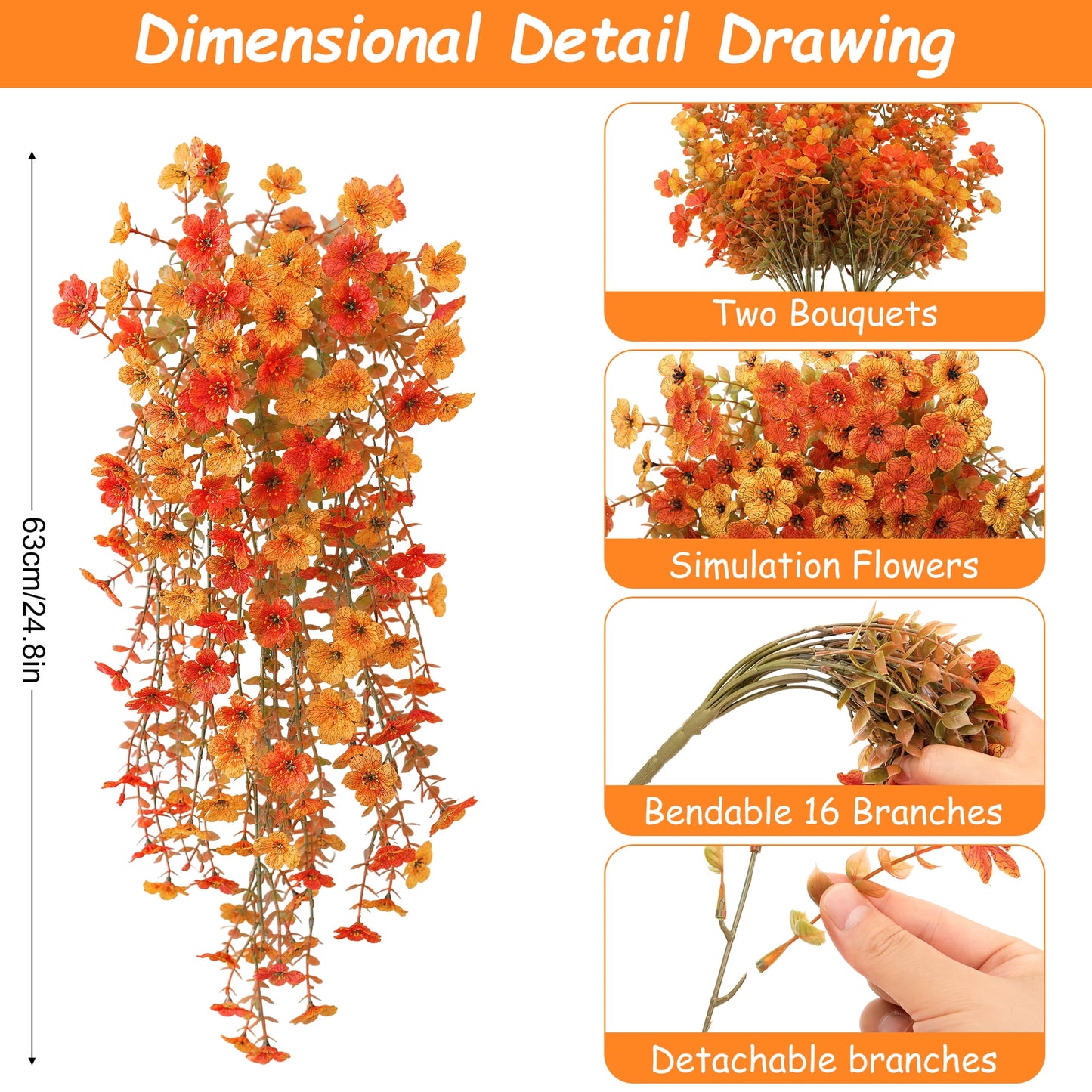Scidweet Fall Artificial Flowers Outdoors, 2 Pcs Autumn Fake Hanging Flowers Faux Silk Mums Flower UV Resistant No Fade Fall Decorations for Home Outside Patio Yard Garden Porch , Yellow Orange