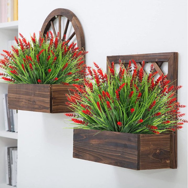 Scidweet Artificial Plants Outdoor, 20 Bundles Fake Plant Faux Monkey Grass Spring Summer for Window Garden Home Decor, Red