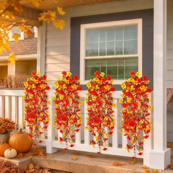 Scidweet 4Pcs Artificial Hanging Fall Flowers for Outdoors, Faux Silk Flower Fake Morning Glory for Porch Garden Indoor Home Thanksgiving Decor, Yellow and Red