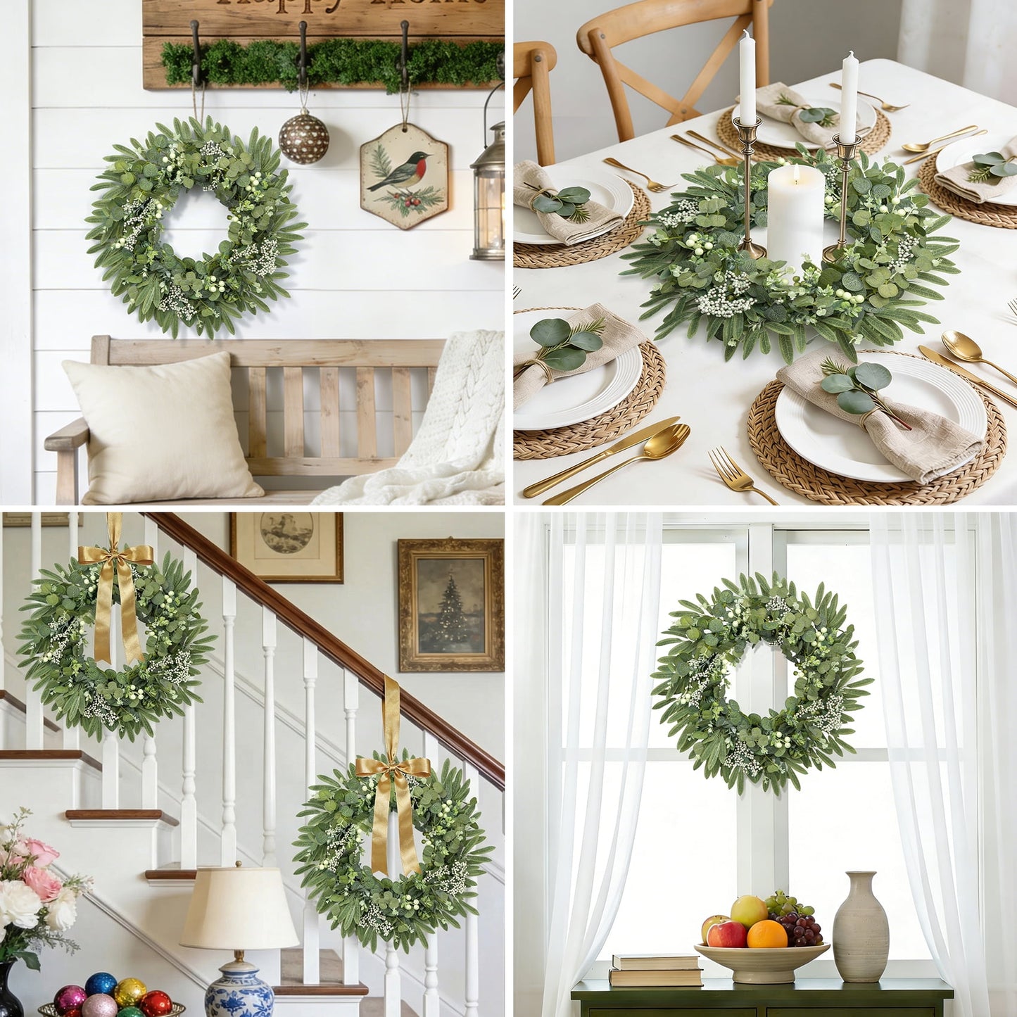 Scidweet Artificial Wreaths for Front Door, 20" Fake Eucalyptus Faux Spring Wreaths Farmhouse Window Wall Door Wedding Indoor Outdoor Spring Summer Home Decor