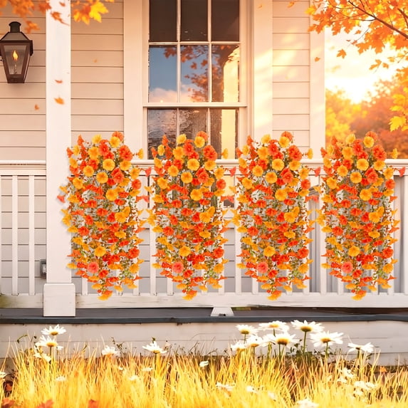 Scidweet Artificial Hanging Fall Flowers for Outdoors, 4 Pcs Faux Morning Glory Silk Flower with Eucalyptus Leaves for Porch Patio Decor, Orange Yellow and Red