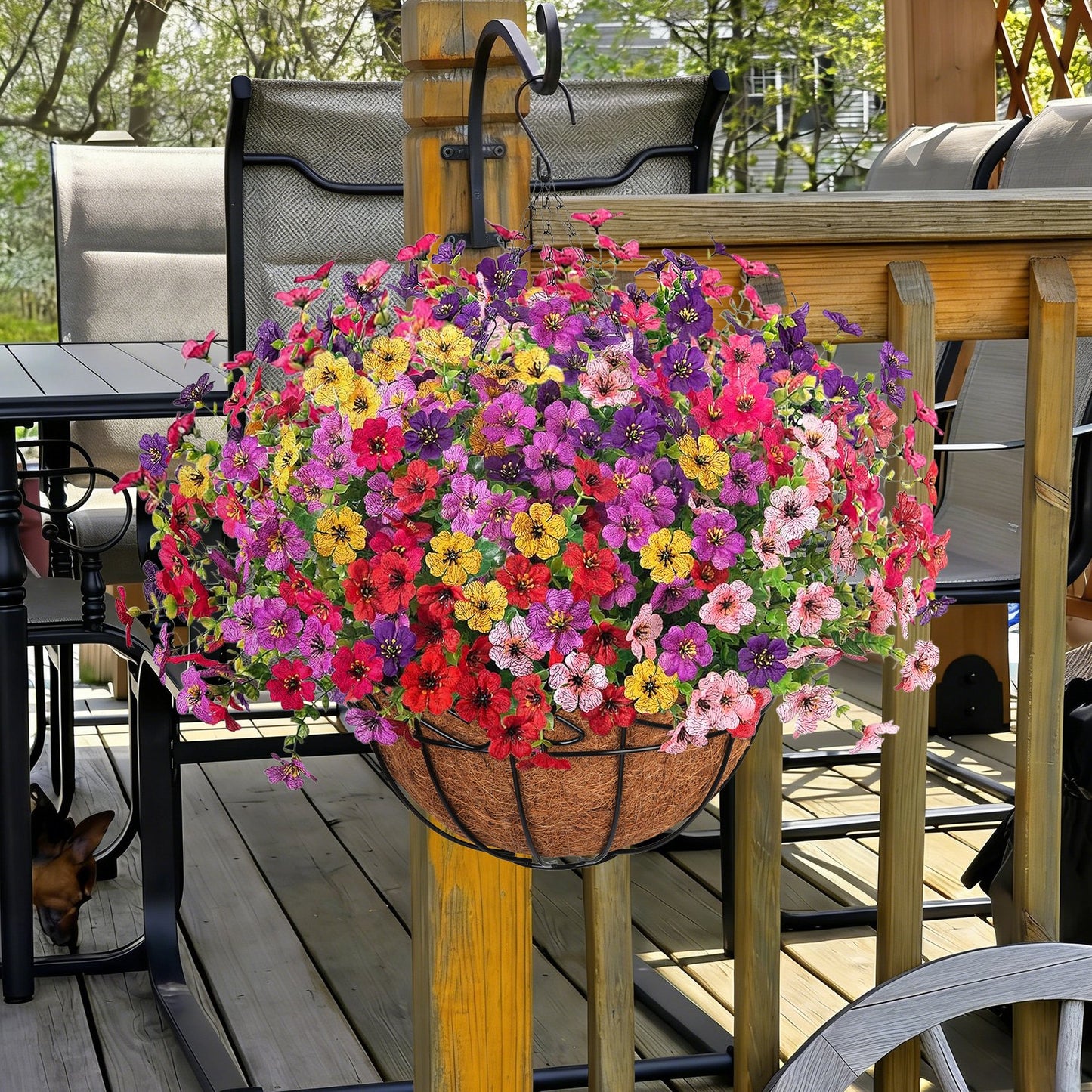 Scidweet Artificial Hanging Flowers, 12 Pcs Fake Flowers Faux Plants with Coconut Lining Basket for Outdoor Indoor Spring Summer Decoration for Home Garden, Multicolor
