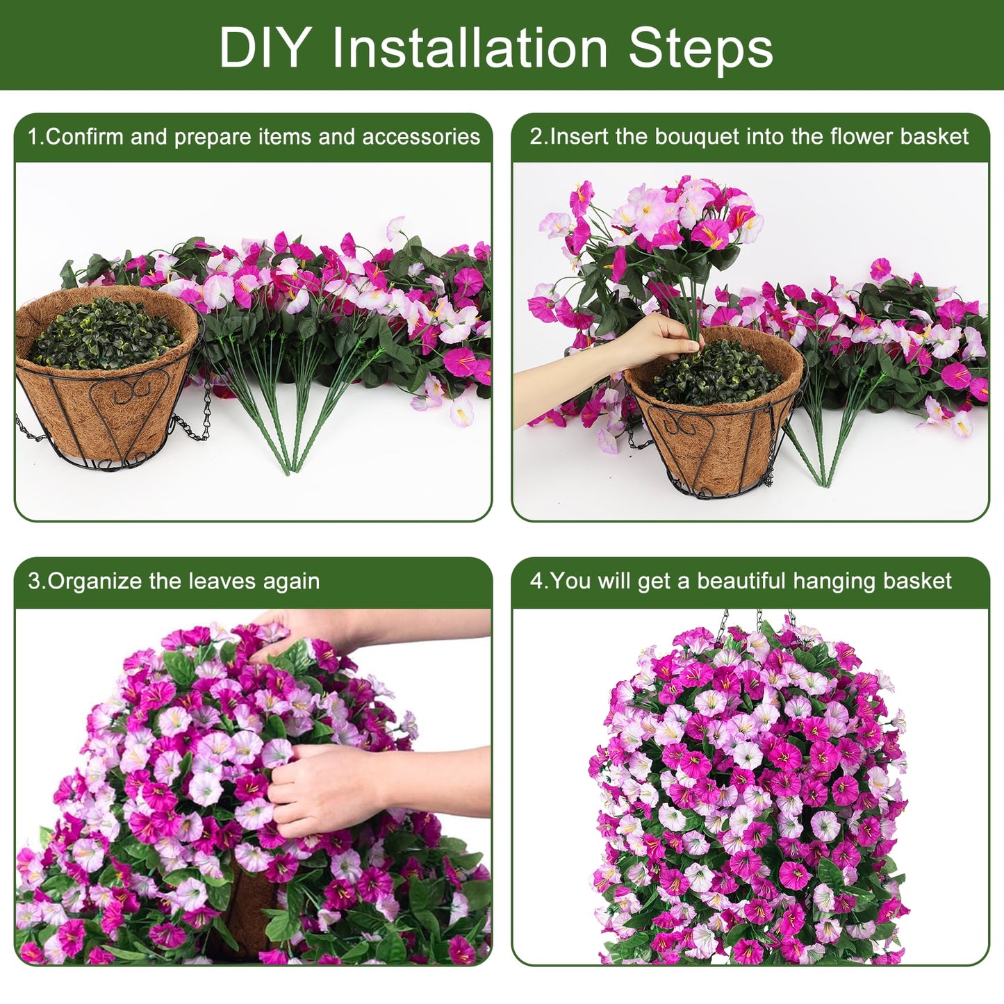 Scidweet Artificial Hanging Flowers Outdoor, 4 Bundles Faux Fake Silk Morning Glory Flowers Plants with Basket for Spring Summer Outside Patio Garden Porch Yard Home Decor