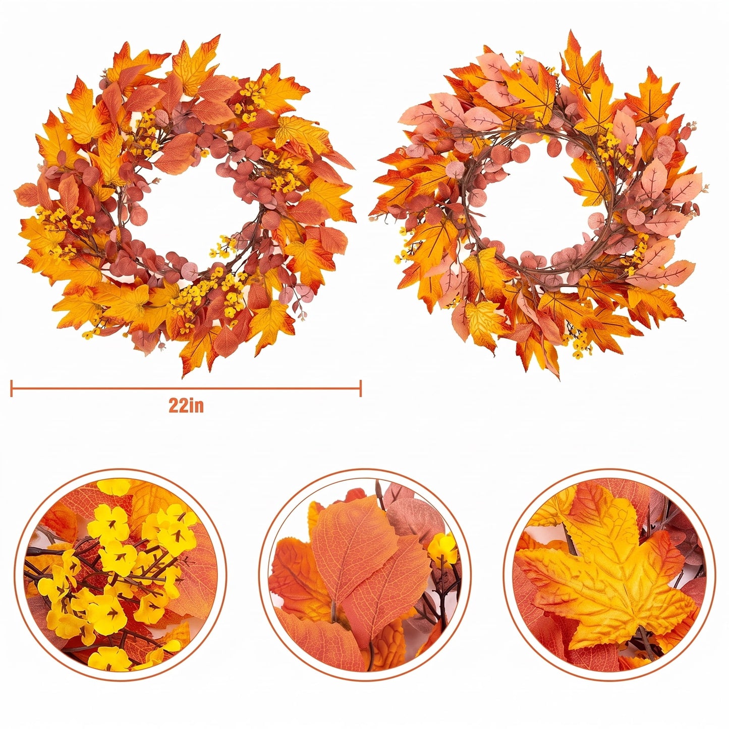 Scidweet Fall Wreaths for Front Door, 22" Artificial Maple Leaf Autumn Door Wreaths Farmhouse Fall Decorations for Home