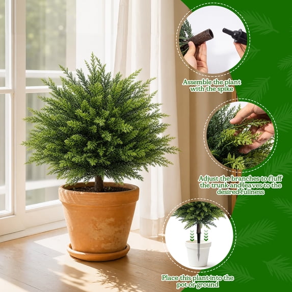 Scidweet 2 Pack Artificial Cedar Topiary Trees, Fake Outdoor Bushes Plants with Ground Spike Faux Greenery Plants for Indoor Outdoor Front Porch Garden Decor