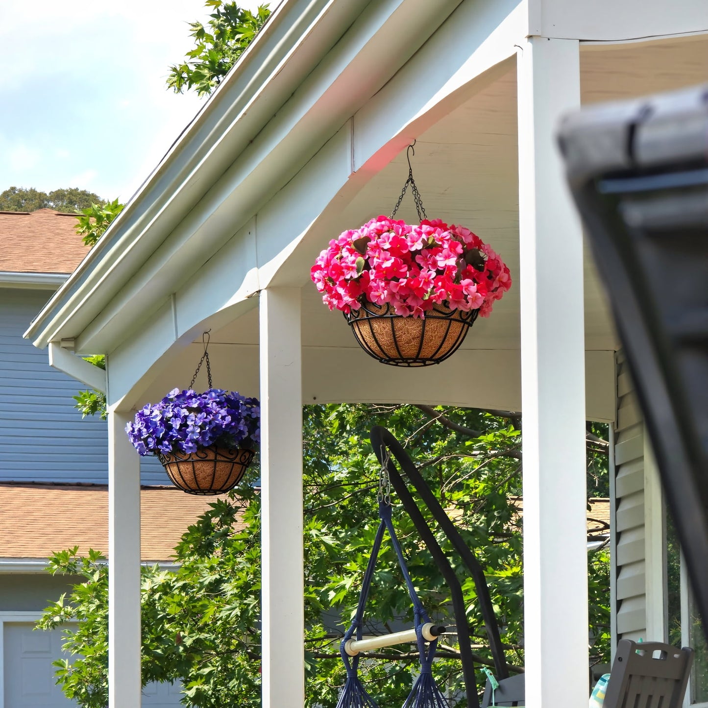 Scidweet Artificial Hanging Flowers with Basket for Outdoors, Fake Flowers Faux Hydrangea Plants for Spring Summer Outside Indoor Porch Garden Yard Decor, Rose Pink