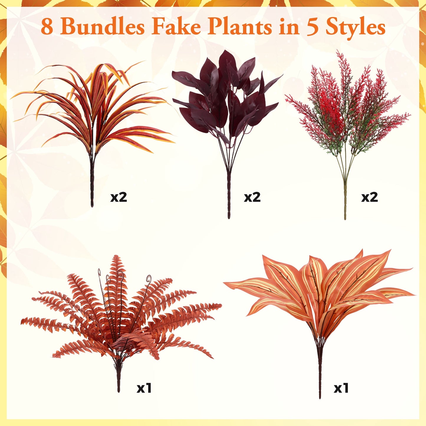 Scidweet 8 Pcs Artificial Fall Plants, Fake Plastic Large Bunches Plants for Outside Fall Porch Garden Patio Yard Home Decor