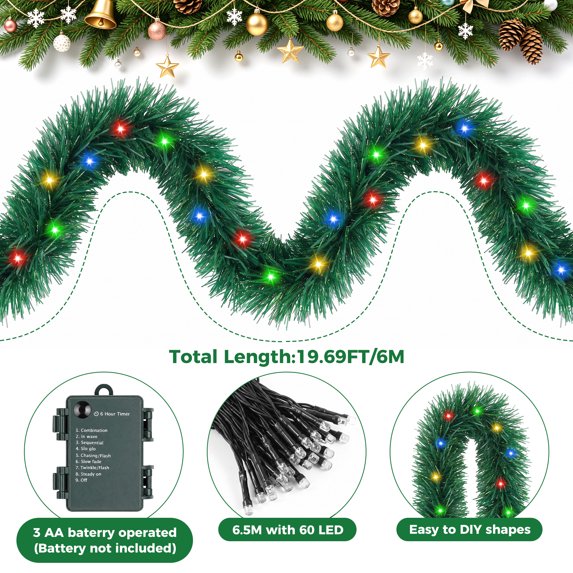 Scidweet Christmas Garland with 60 Lights, 19.69 ft Artificial Green Garland Mantle Garland for Outdoor Indoor Christmas Tree Decorations