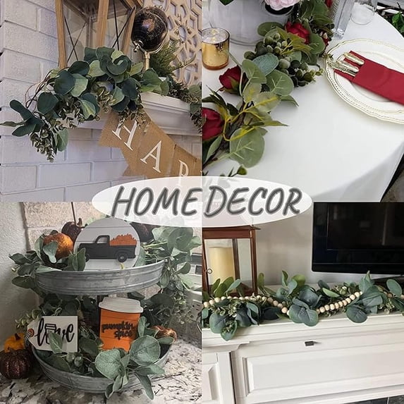 Scidweet 2Pcs Fake Greenery Eucalyptus Garlands, 6.56FT Faux Silver Dollar Leaves Boxwood with Eucalyptus Leaves Artificial Greenery Vines for Baby Shower Wedding Party Table Runner Room Home Mantle