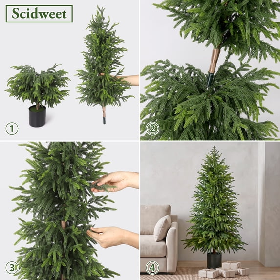 Scidweet 2 Pack Artificial Norfolk Pine Christmas Tree, 4FT Fake Potted Tree Faux Plant with 100 LED for Front Door Indoor Outdoor Porch Room Office Holiday Home Xmas Decor