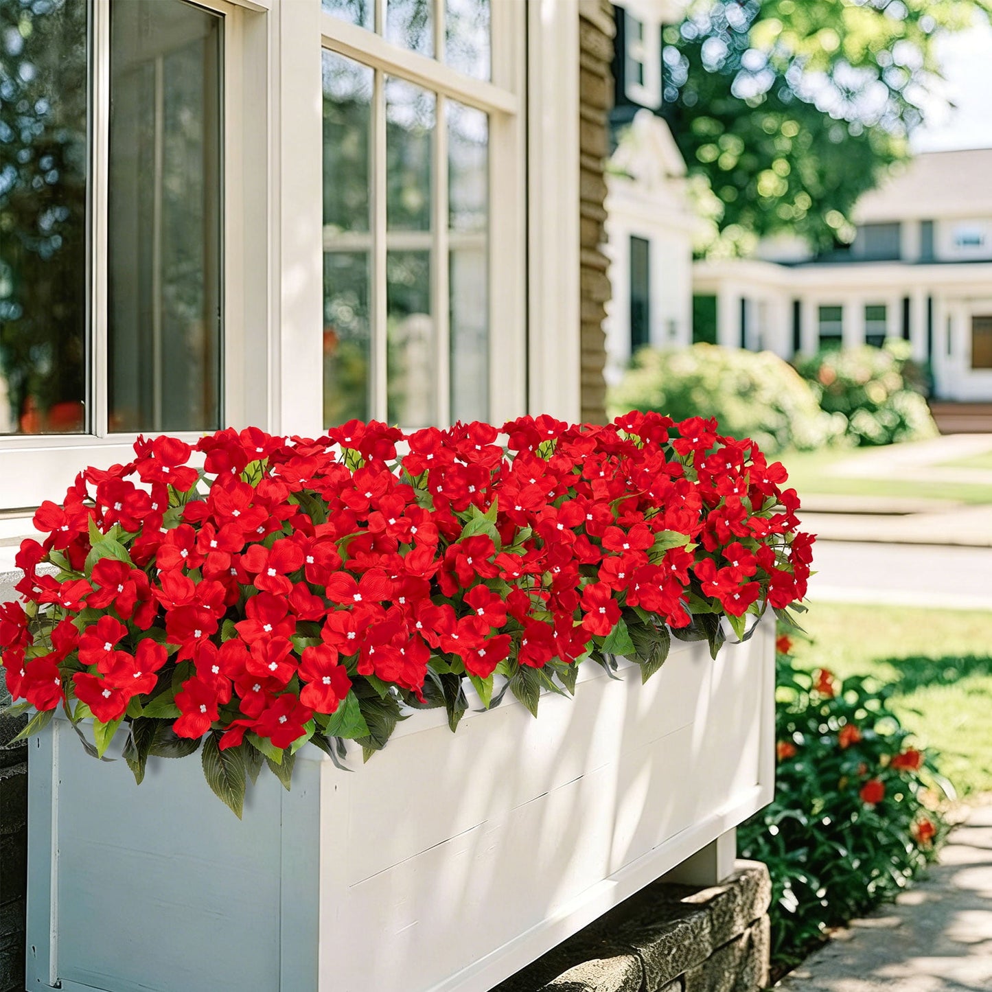 Scidweet Artificial Fake Flowers Outdoor, 6 Bundles Faux Plants Silk Impatiens Flowers Spring for Indoor Outside Home Porch Patio Garden Decor, Red