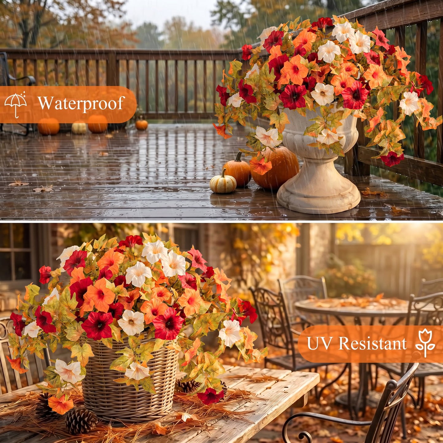 Scidweet Artificial Fall Flowers, 2Pcs Faux Fake Petunias Silk Flowers Plants Fall Decorations for Home Outdoor Garden Balcony Yard Front Porch Indoor Decor, Orange White Red