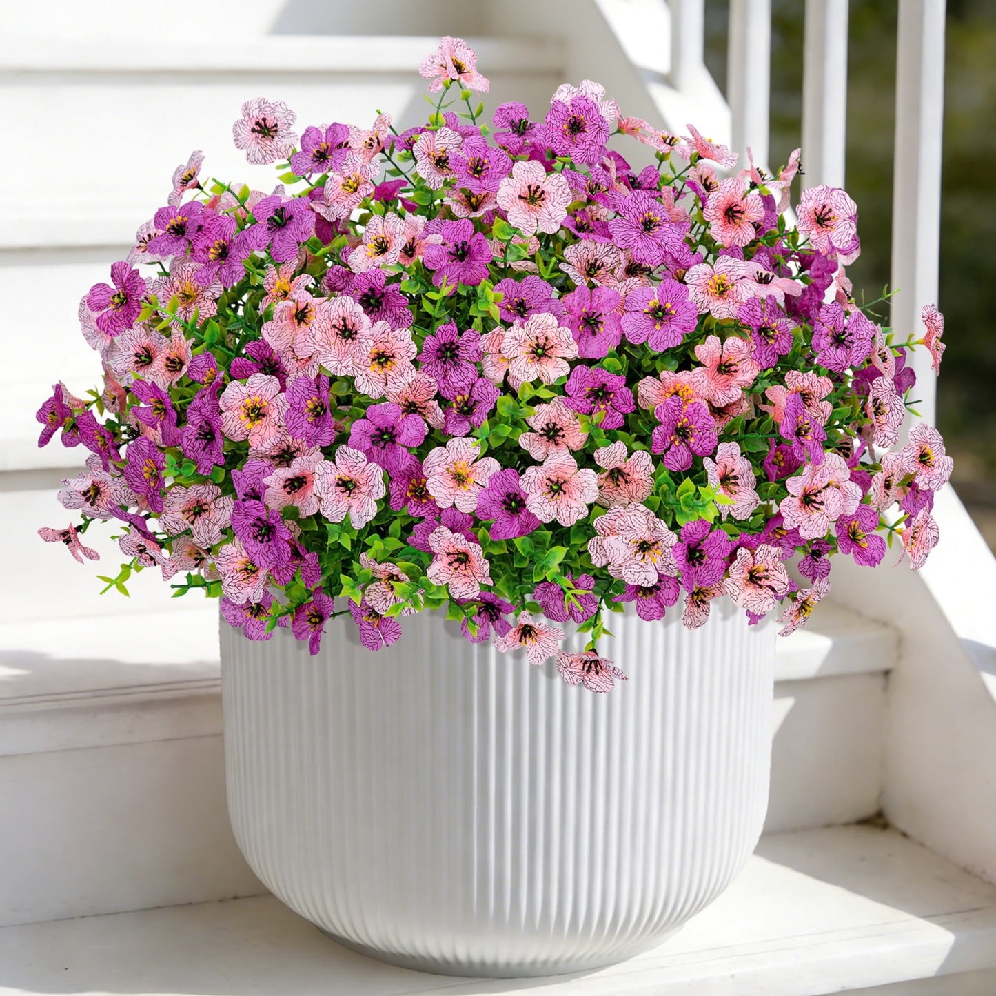 Scidweet Artificial Flowers for Outdoors, 12 Bundles Faux Fake Silk Flowers with Realistic Eucalyptus Leaves for Garden Box Front Porch Spring Summer Indoor Outdoor Home Decor