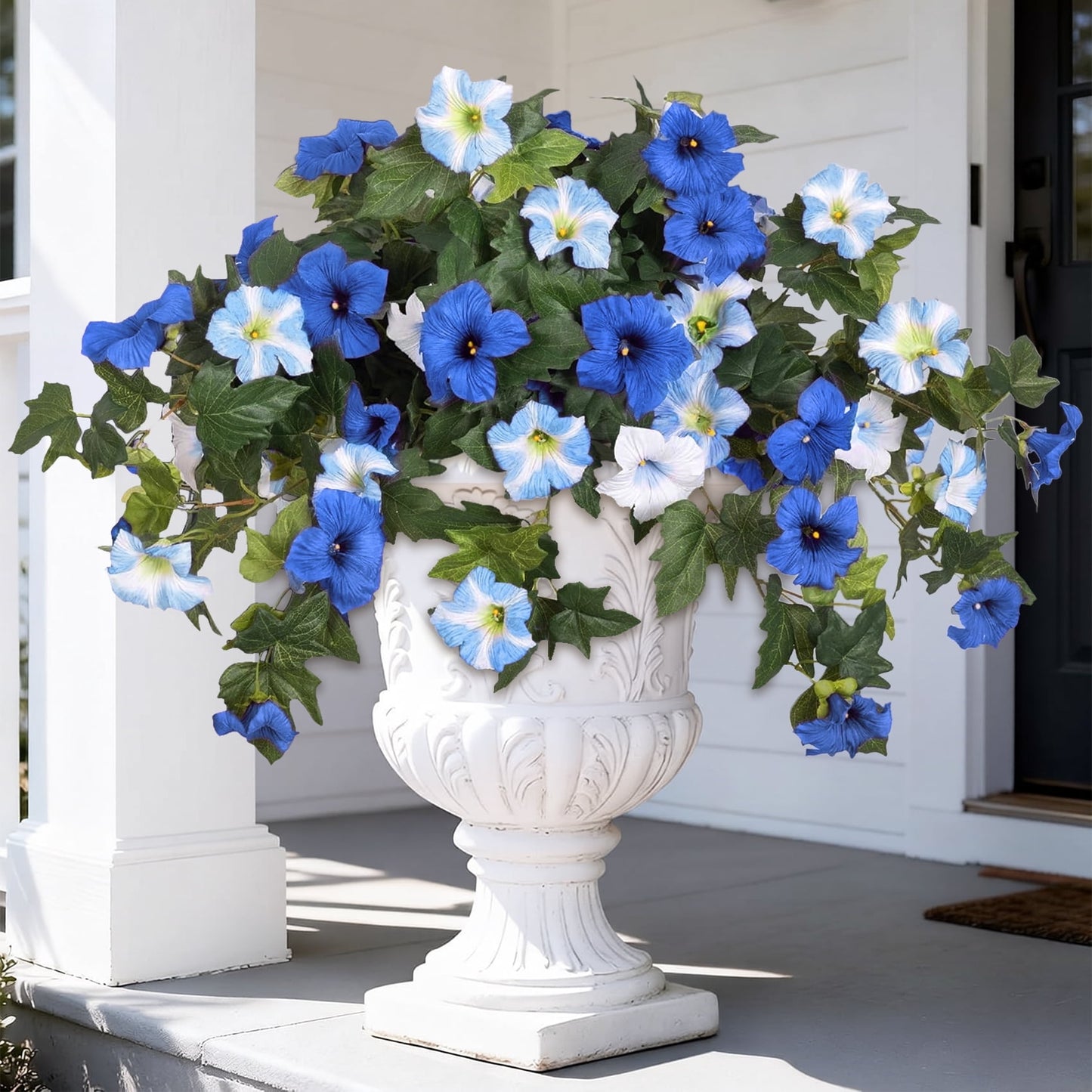 Scidweet Fake Artificial Flowers for Outdoor, 2Pcs Faux Petunias Silk Flowers Plants for Home Outside Garden Balcony Yard Front Porch Indoor Decor, Blue White