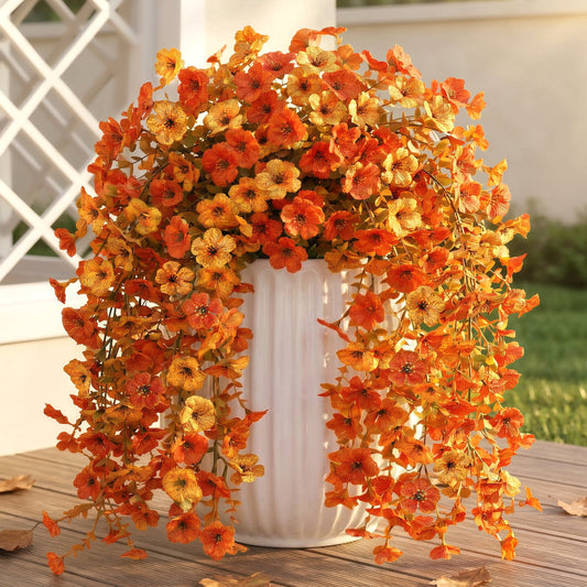 Scidweet Fall Artificial Flowers Outdoors, 2 Pcs Autumn Fake Hanging Flowers Faux Silk Mums Flower UV Resistant No Fade Fall Decorations for Home Outside Patio Yard Garden Porch , Yellow Orange