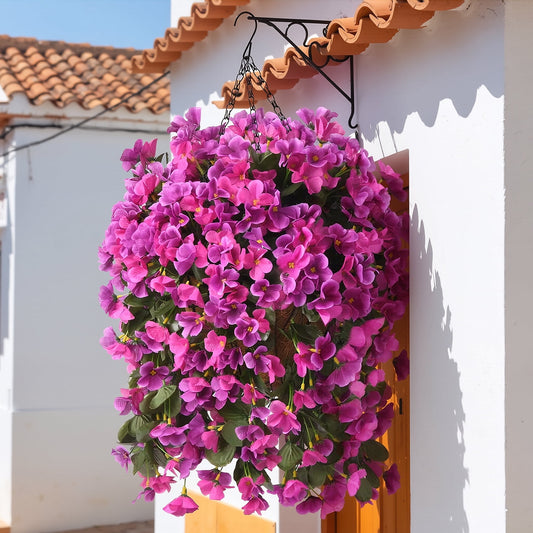 Scidweet Artificial Hanging Flowers Outdoors, 4 Bundles Faux Fake Silk Begonia Flower Plants with Basket for Spring Summer Outside Patio Garden Porch Home Decor