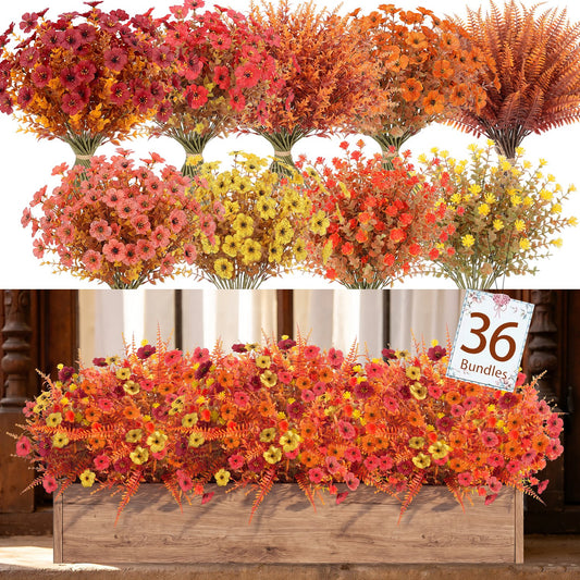 Scidweet Artificial Fall Flowers Outdoors, 36 Bundles Autumn Fake Faux Silk flowers Plants Fall Decorations for Home Outside Garden Balcony Yard Front Porch Decor, Multicolor