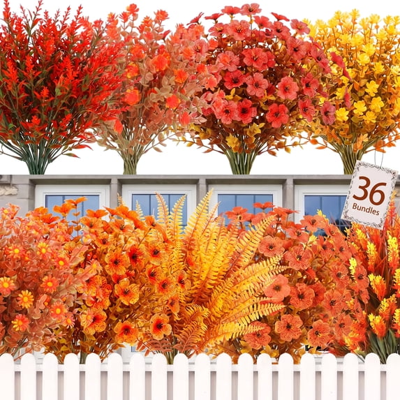 Scidweet Fake Fall Flowers Outdoors, 36 Bundles Autumn Artificial Faux Silk flowers Plants Fall Decorations for Home Outside Garden Balcony Yard Front Porch Decor, Multicolor