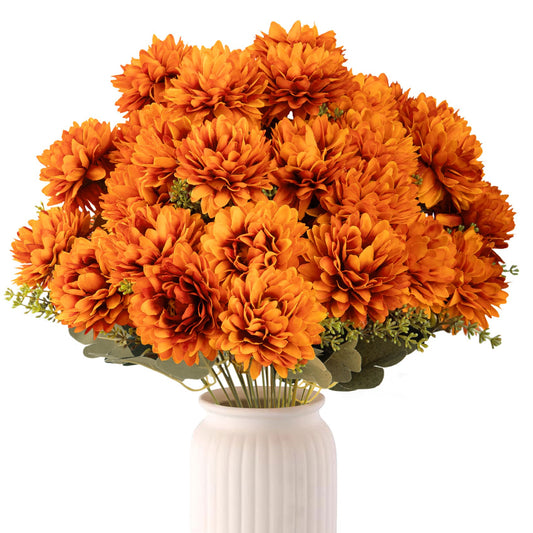 Artificial Fall Flowers 4 Pcs 36 Heads Fake Mums Silk Chrysanthemums Bouquet Faux Floral Arrangement for Home Decor