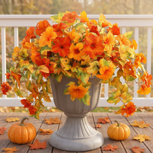 Scidweet Fake Fall Flowers, 2Pcs Artificial Petunias Faux Silk Flowers Plants Fall Decorations for Home Outside Indoor Garden Balcony Yard Front Porch Decor, Orange