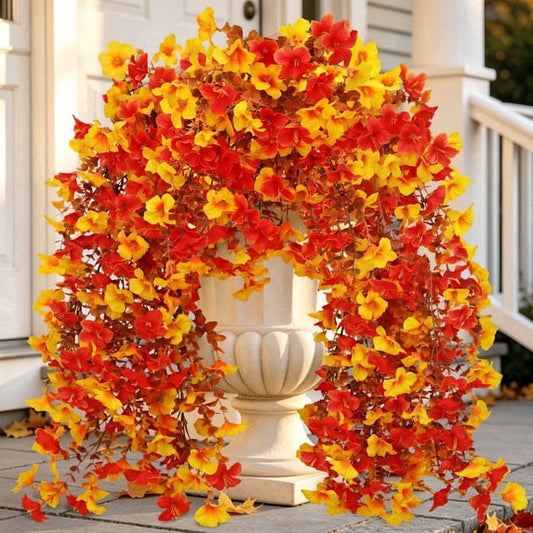Scidweet 4Pcs Artificial Hanging Fall Flowers for Outdoors, Faux Silk Flower Fake Morning Glory for Porch Garden Indoor Home Thanksgiving Decor, Yellow and Red
