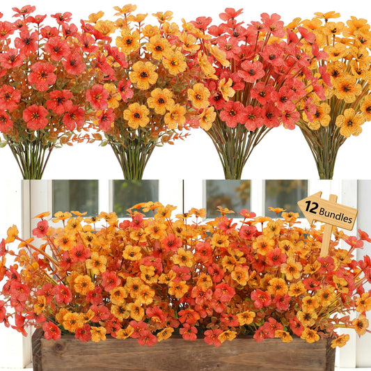 Scidweet Artificial Fall Flowers Outdoors, 12 Bundles Autumn Fake Silk flowers Faux Plants for Outside Garden Balcony Yard Front Porch Indoor Home Fall Decor
