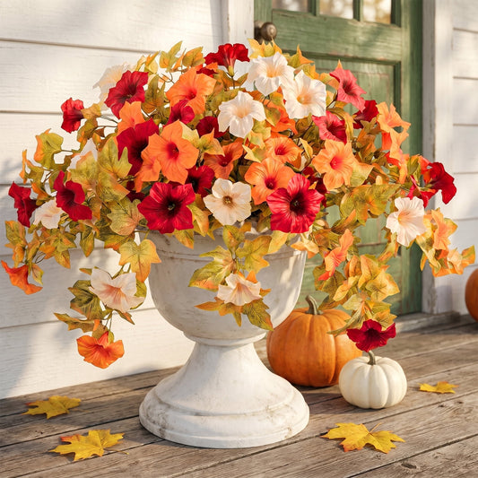 Scidweet Artificial Fall Flowers, 2Pcs Faux Fake Petunias Silk Flowers Plants Fall Decorations for Home Outdoor Garden Balcony Yard Front Porch Indoor Decor, Orange White Red