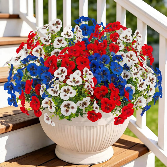 Artificial Flowers for Outdoors, 12 Bundles UV Resistant Faux Silk Flowers for Outside for Front Door Porch Patio Home Decor (Red, White, Blue)