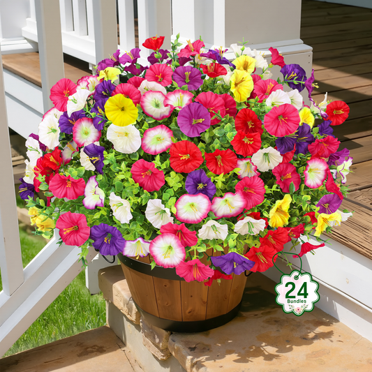 Scidweet Artificial Flowers for Outdoors, 24 Bundles Faux Fake Silk Morning Glory Flower Plants for Outside Spring Summer Patio Garden Porch Yard Home Decor, Multicolor