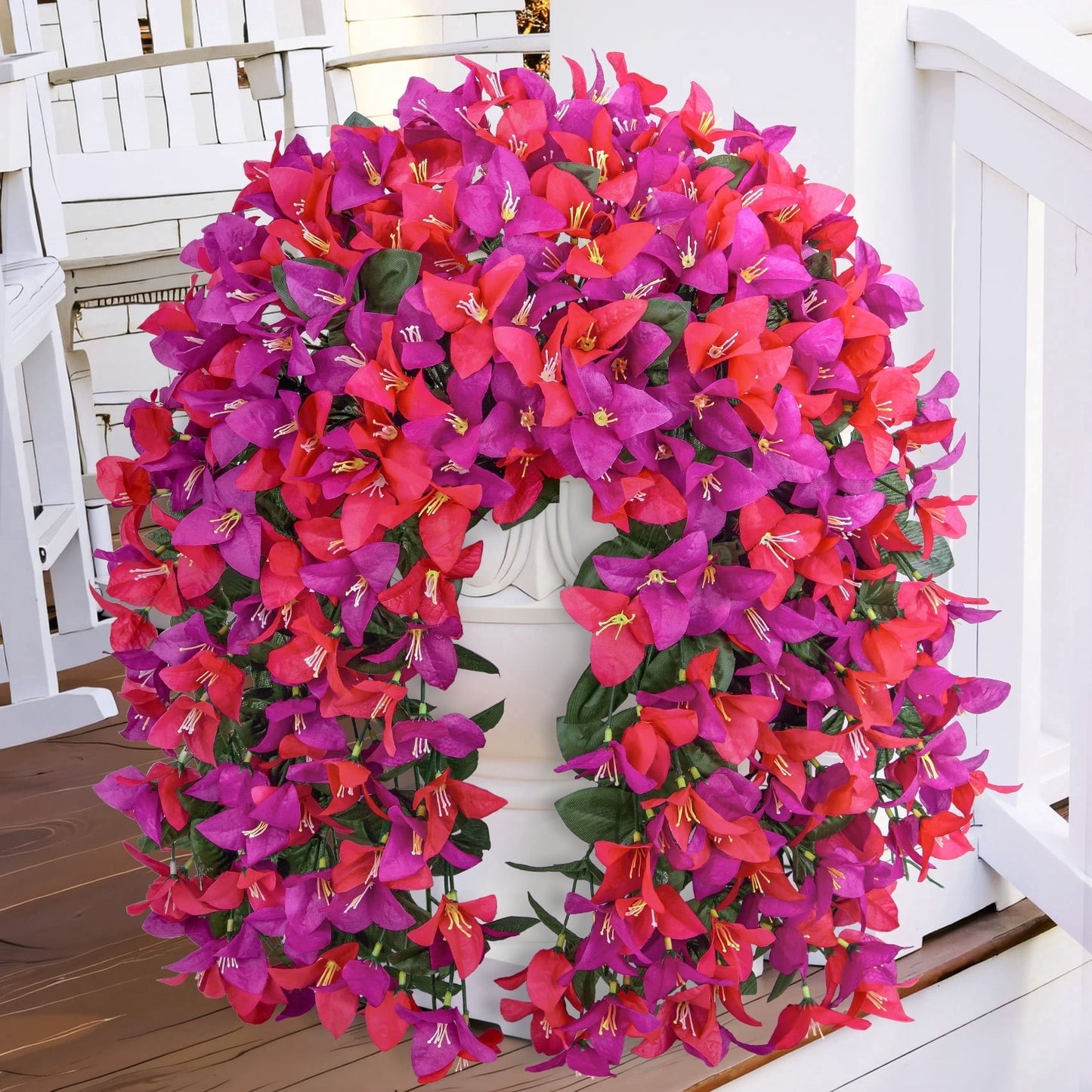 Scidweet Artificial Bougainvillea Flowers for Outdoors, 4 Pcs Faux Silk Hanging Flowers Long Trailing Fake Vines for Front Door Porch Yard Balcony Patio Summer Spring Home Decor, Red Purple