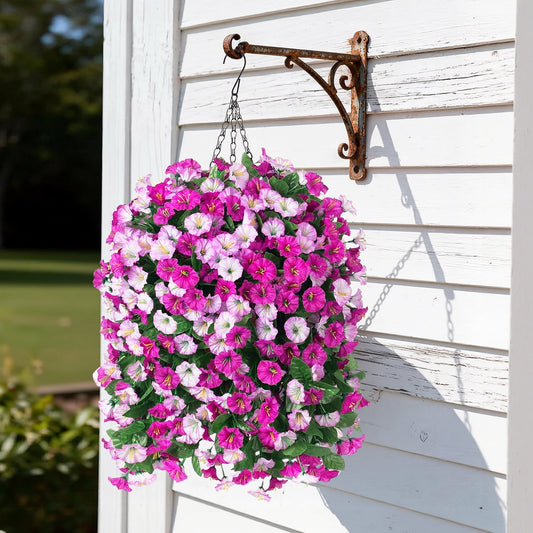 Scidweet Artificial Hanging Flowers Outdoor, 4 Bundles Faux Fake Silk Morning Glory Flowers Plants with Basket for Spring Summer Outside Patio Garden Porch Yard Home Decor