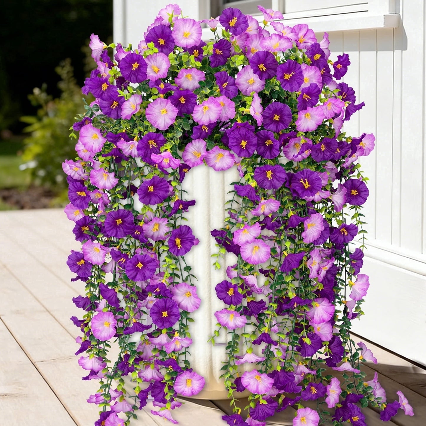 Scidweet Artificial Hanging Flowers for Outdoors, 4 Pcs Faux Fake Hanging Silk Flowers for Spring Summer Porch Patio Garden Yard Indoor Outside Home Decor, Purple