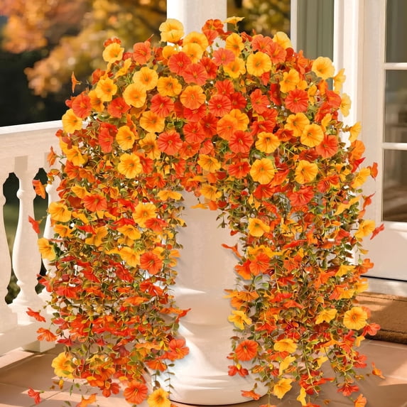 Scidweet Artificial Hanging Fall Flowers for Outdoors, 4 Pcs Faux Morning Glory Silk Flower with Eucalyptus Leaves for Porch Patio Decor, Orange Yellow and Red