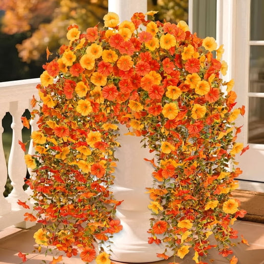 Scidweet Artificial Hanging Fall Flowers for Outdoors, 4 Pcs Faux Morning Glory Silk Flower with Eucalyptus Leaves for Porch Patio Decor, Orange Yellow and Red