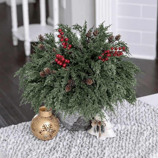  Artificial Norfolk Pine Branches Plants, 20 Pcs Artificial Pine Branches with Red Berries Branches for Indoor Home Xmas Decor