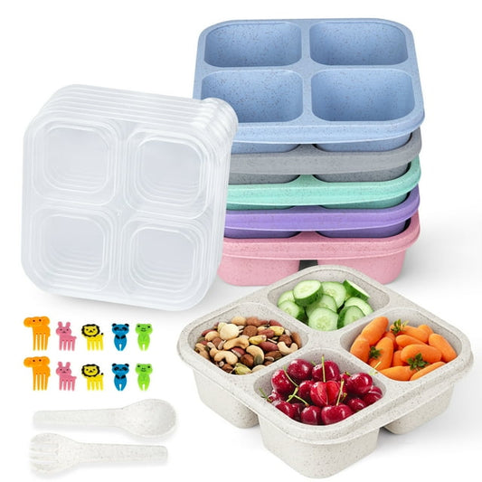 Bento Lunch Box, Reusable 4-Compartment & Fork Snack Containers for Kids and Adults, Food Storage Lunch Containers for School, Work and Travel, 6 Pack(Wheat Multicolor)