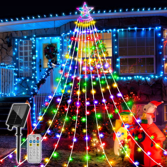 Christmas Decoration Lights, 350 LED Solar Power Fairy String Lights Waterfall Lights Outdoor, 8 Lighting Modes Color Changing Fairy Light String for Indoor Outdoor Christmas Tree Decorations