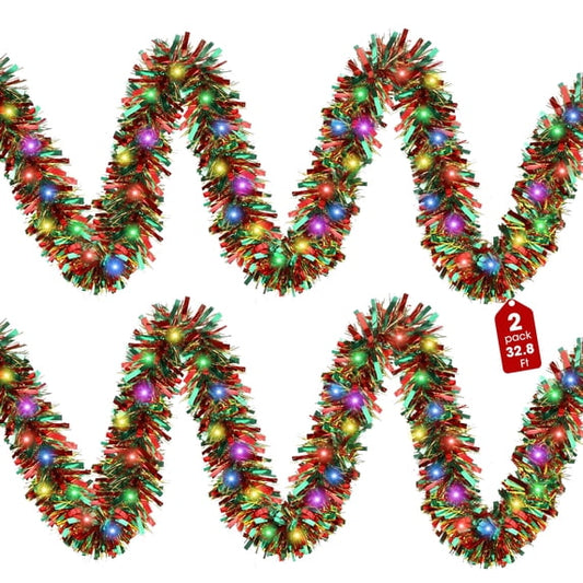 Scidweet Christmas Garlands Decorations, 2 Pcs 32.8 ft Pre Lit Xmas Garland with Lights for Indoor Outdoor Christmas Tree Party Holiday Xmas Decor, Multicolor