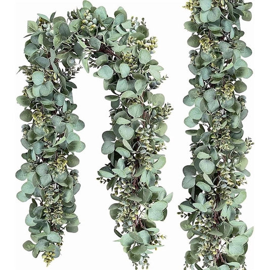 Scidweet 2Pcs Fake Greenery Eucalyptus Garlands, 6.56FT Faux Silver Dollar Leaves Boxwood with Eucalyptus Leaves Artificial Greenery Vines for Baby Shower Wedding Party Table Runner Room Home Mantle