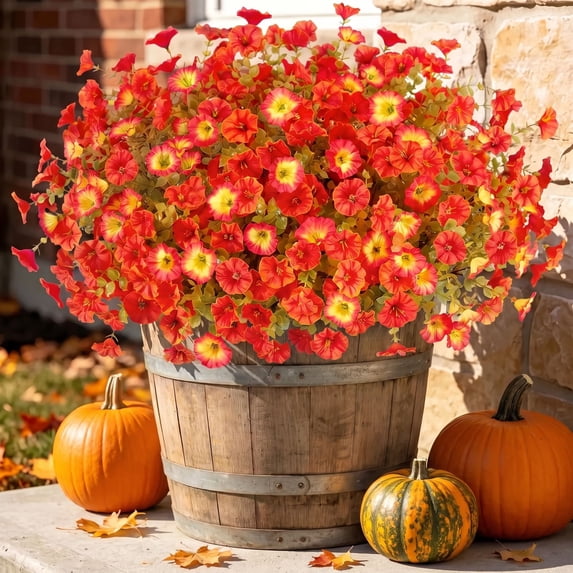 Scidweet Artificial Fall Flowers Outdoors, 12 Bundles Autumn Fake Silk Morning Glory flowers Faux Plants UV Resistant Fall Decorations for Home Garden Balcony Yard Front Porch Decor, Orange Sunset