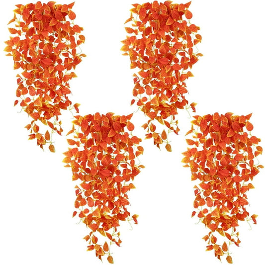 Scidweet Autumn Artificial Hanging Plant, 4 Pack Faux Pothos Vines Hanging Fake Plant for Wall Home Bedroom Living Room Indoor Outdoor Fall Decor,Orange