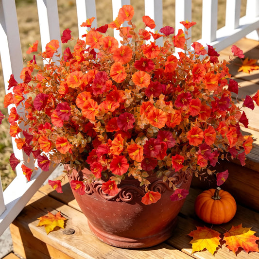 Scidweet Fake Fall Flowers, 24 Bundles Autumn Artificial Morning Glory flowers Faux Plants Fall Decorations for Home Outdoors Garden Balcony Yard Front Porch Indoor Decor,Orange Brown