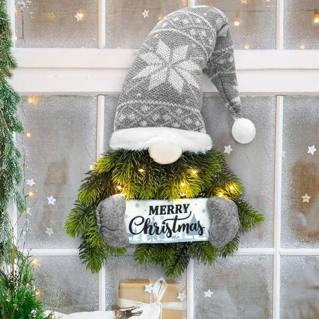 Scidweet 28 inch Gnome Christmas Wreath for Front Door, Christmas Outdoor Decor Pine Spruce Holiday Wreaths with Lights Xmas Door Decorations