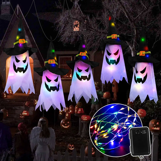 Scidweet Halloween Decorations Hanging Outdoor String Lights Glowing Ghost Witch Hat Indoor Ornaments Halloween Lights for Home Tree Garden Yard (5 Pcs)