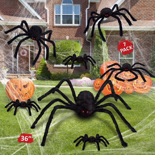 Scidweet 7 Pcs Halloween Spider Decorations, Scary Spider Props Halloween Outdoor Decoration (36", 24", 20", 20", 12", 12", 12")