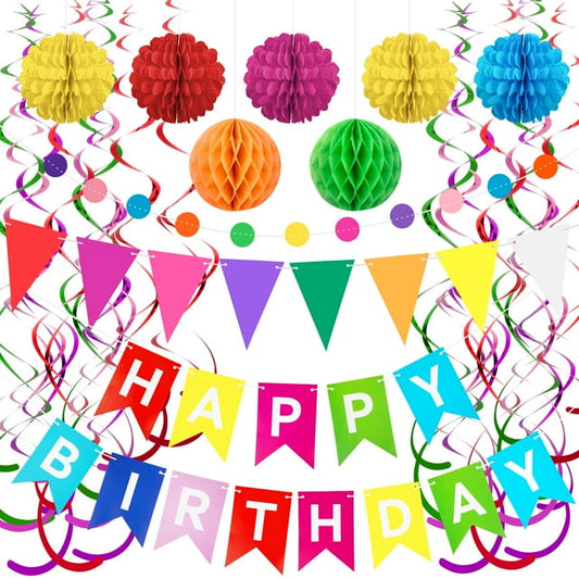 Happy Birthday Banner Party Decorations with Colorful Rainbow Paper Honeycomb Balls Circle Dots Flags Swirl Streamers for Birthday