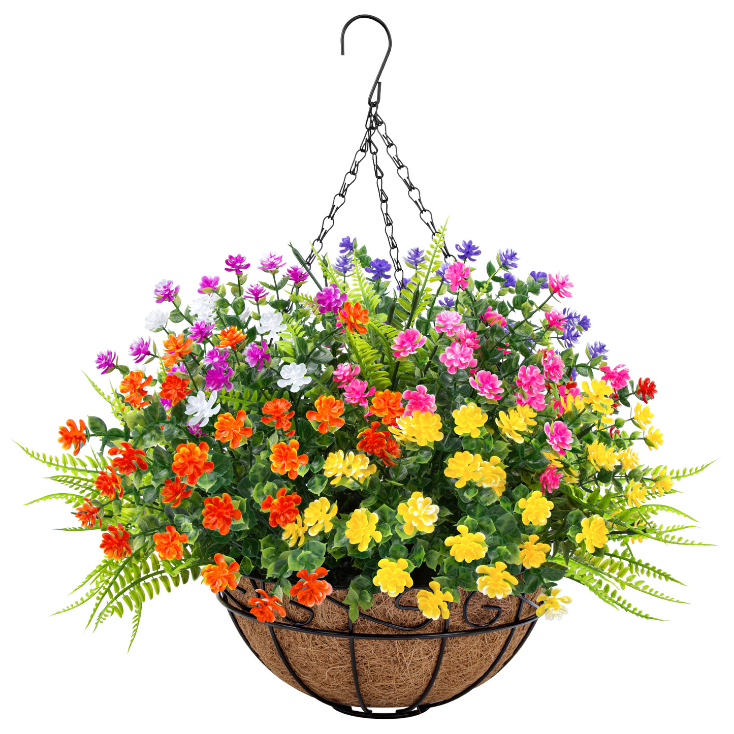 Scidweet Artificial Hanging Flowers with Basket,12 pcs Outdoors Fake Plants UV Resistant with Coconut Lining Basket for Patio Garden Porch Decor (Mix Color)