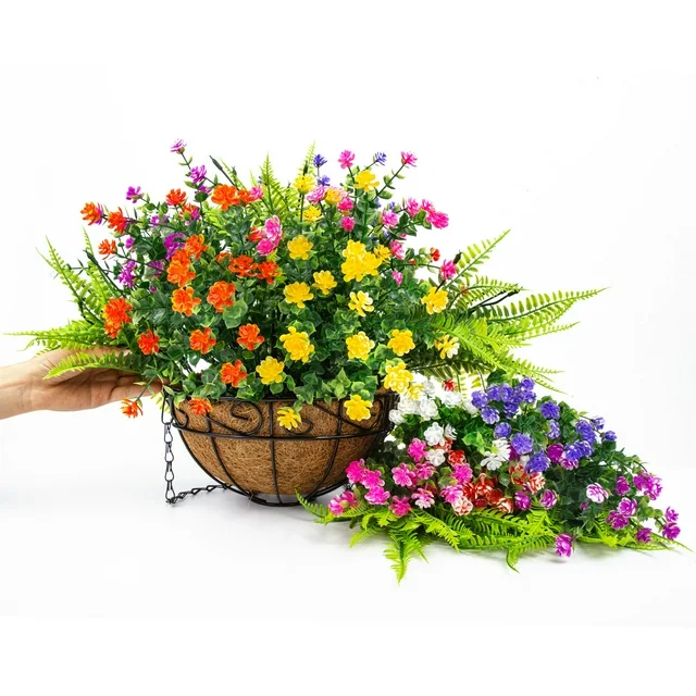 Scidweet Artificial Hanging Flowers with Basket,12 pcs Outdoors Fake Plants UV Resistant with Coconut Lining Basket for Patio Garden Porch Decor (Mix Color)