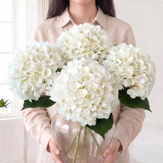Scidweet Hydrangea Artificial Flowers, 4Pcs 17.32" Faux Flowers Real Touch Latex Fake Flowers Bouquet for Indoor Outdoor Summer Patio Garden Home Yard Wedding Table Decor, White