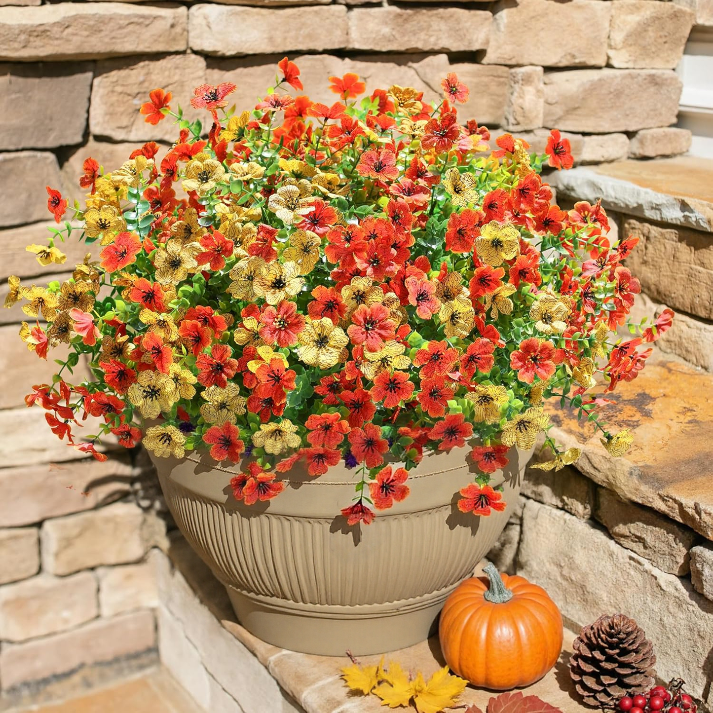 Scidweet 12 Bundles Artificial Fake Flowers Outdoor, Faux Plants Plastic Flowers Fall Decoration for Outside Home Planter Porch Patio Yard Garden Decor, Yellow Orange
